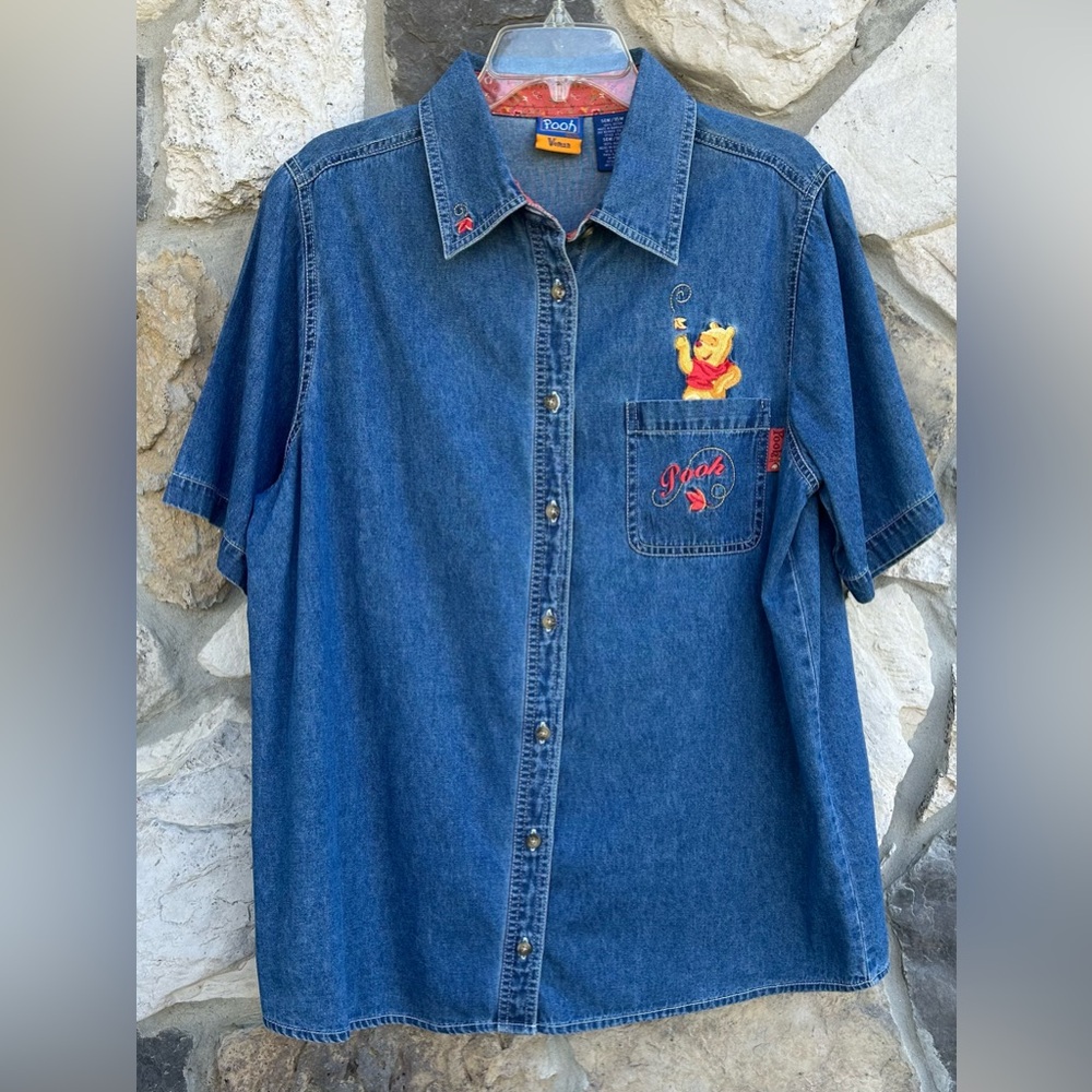 Vintage Disney Winnie The Pooh Denim Button Up Shirt Size 14W/16W XL Embroidered